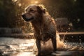 A wet dog shakes water off his body, Generative AI