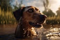 A wet dog shakes water off his body, Generative AI