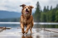 wet dog shaking on a dock, lake or river in the background