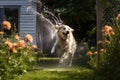 wet dog shaking near a garden hose, water spraying around