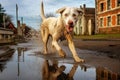 wet dog shaking near a puddle, causing a water ripple effect Royalty Free Stock Photo