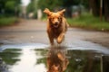 wet dog shaking near a puddle, causing a water ripple effect