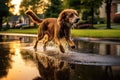 wet dog shaking near a puddle, creating water ripples Royalty Free Stock Photo