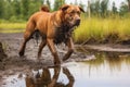 wet dog shaking near a puddle or pond