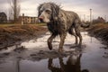 wet dog shaking near a puddle or pond