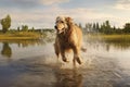 wet dog shaking off water near a lake or river Royalty Free Stock Photo