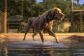 wet dog shaking off water near pool edge Royalty Free Stock Photo