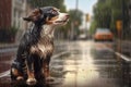 wet dog shaking off water on a rainy day, raindrops visible Royalty Free Stock Photo