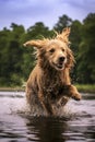 wet dog shaking off water after a swim in a lake Royalty Free Stock Photo