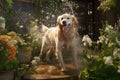 wet dog shaking with water splashing on nearby plants