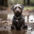 a wet dog sits in a muddy puddle in front of a field Royalty Free Stock Photo