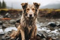 a wet dog sitting on rocks in front of a stream Royalty Free Stock Photo