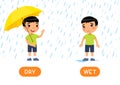 WET and DRY antonyms word card vector template. Flashcard for english language learning.