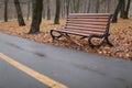 Wet empty wooden bench with rain drops in the autumn park Royalty Free Stock Photo