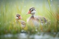 wet feathers detail, geese in morning dew grass Royalty Free Stock Photo