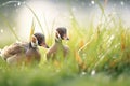 wet feathers detail, geese in morning dew grass Royalty Free Stock Photo