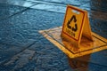 Wet floor caution sign reflection on rainy day Royalty Free Stock Photo