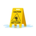 Wet floor caution sign and water puddle isolated on white background, Public warning yellow symbol clipart. Slippery Royalty Free Stock Photo