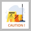 Wet floor caution yellow sign, janitor equipment - bucket and mop, flat vector illustration. Royalty Free Stock Photo