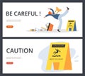 Wet floor caution yellow sign, web banners set - flat vector illustration. Royalty Free Stock Photo