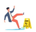 Wet floor. Falling man slips in water, slipping and downfall, injured character, caution danger wet floor yellow sign Royalty Free Stock Photo