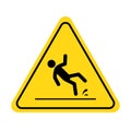 Wet floor icon. Slippery floor caution sign with fall pictogram man. Warning, danger, yellow triangle sign. Royalty Free Stock Photo