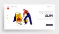 Wet Floor Precaution Landing Page Template. Janitor Male Character Mopping and Cleaning Floor with Yellow Caution Sign