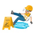 Wet floor warning and caution sign to avoid falls and accidents. Worker slipping in a puddle of water. Industrial safety and