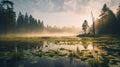 Serene Sunrise In Nature: Misty Wetland With Water Lilies