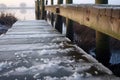 wet footprints on a frosty wooden jetty