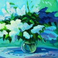 Wet fresh bouquet of lilacs, oil painting on canvas, illustratio