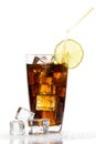 Glass of cola with ice cubes, lime and straw on white backgroun Royalty Free Stock Photo