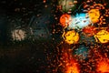 Wet glass in night city reflection bokeh effect blurred Royalty Free Stock Photo