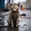 Wet homeless sad skinny cat on the street after the rain. Royalty Free Stock Photo