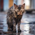 Wet homeless sad skinny cat on the street after the rain. Royalty Free Stock Photo