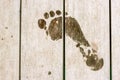 Wet human footprints on dark wooden plank floor. Walk from beach to hotel or home. Abstract backgrounds and wallpapers. Royalty Free Stock Photo