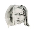 Wet ink or black watercolor abstract female portrait sketch isolated on white background