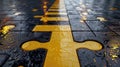 Wet Jigsaw Puzzle Pieces with Yellow Stripe on Reflective Surface Royalty Free Stock Photo