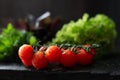 Wet juicy cherry tomatoes arugula basil salad healthy antioxidants Royalty Free Stock Photo