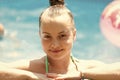 Wet kid face portrait happy smiling in outdoor pool on sunny summer day, girl Royalty Free Stock Photo