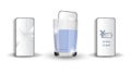 Wet mobile in a glass of water. Fast battery discharge. Broken phone screen. A set of icons for companies and sites for