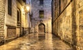Wet narrow street in gothic quarter, Barcelona Royalty Free Stock Photo