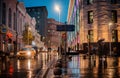 Wet night city street rain Bokeh reflection bright colorful lights puddles sidewalk Car Royalty Free Stock Photo
