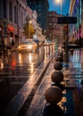 Wet night city street rain Bokeh reflection bright colorful lights puddles sidewalk Car Royalty Free Stock Photo