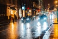 Wet night city street rain Bokeh reflection bright colorful lights puddles sidewalk Car Royalty Free Stock Photo