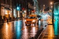 Wet night city street rain Bokeh reflection bright colorful lights puddles sidewalk Car Royalty Free Stock Photo