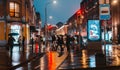 Wet night city street rain Bokeh reflection bright colorful lights puddles sidewalk Car Royalty Free Stock Photo