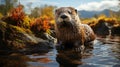 A wet otter standing on a rock in water. Generative AI. Royalty Free Stock Photo