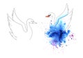 Wet painted watercolor swan on a colorful blots set