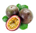 Wet passion fruits with leaves isolated